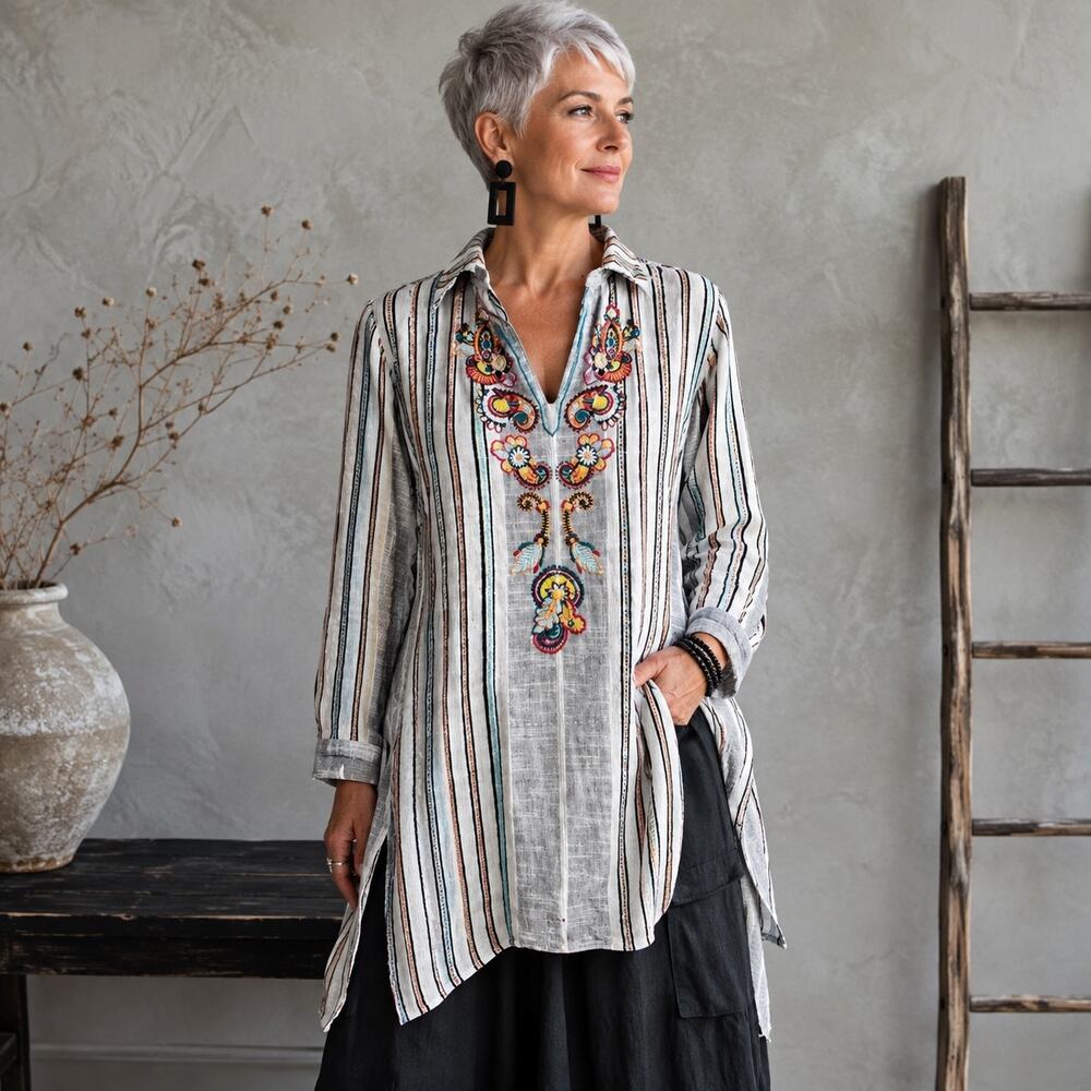 Soft Surroundings Gray Stripe Embroidered Tunic Small